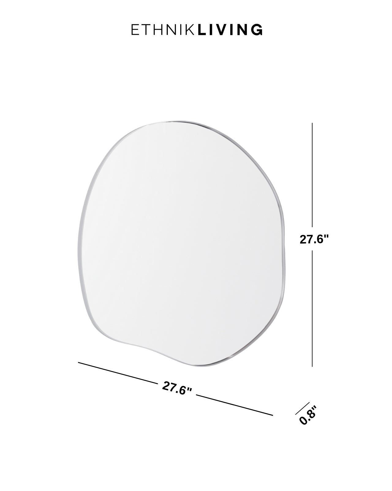 Organic stainless steel framed wall mirror dimensions, 27.6 inch width, 27.6 inch height, and 0.8 inch depth.