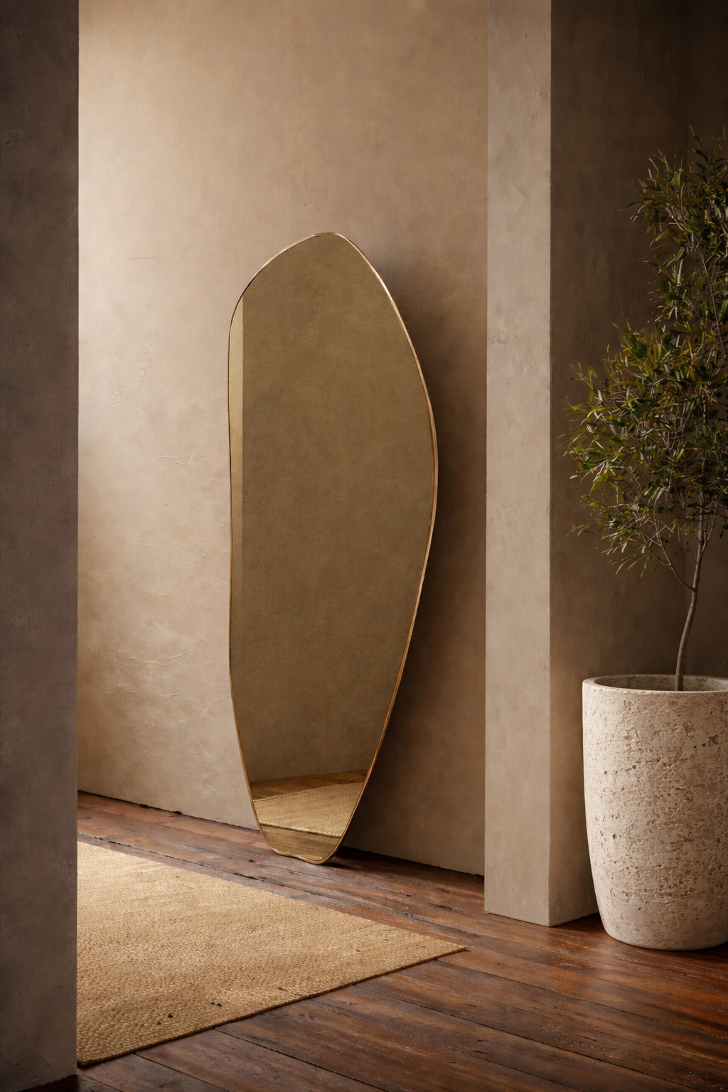 Organic-shaped floor mirror leaning against a textured wall, next to a potted plant in a minimalist interior.