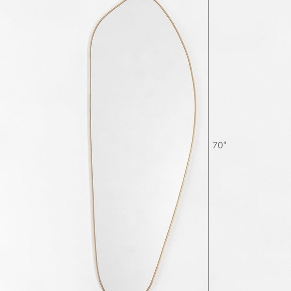 Size diagram of an asymmetrical brass-framed full length mirror showing dimensions: 70 inches tall, 24.4 inches wide at the top, and 10 inches wide at the bottom.