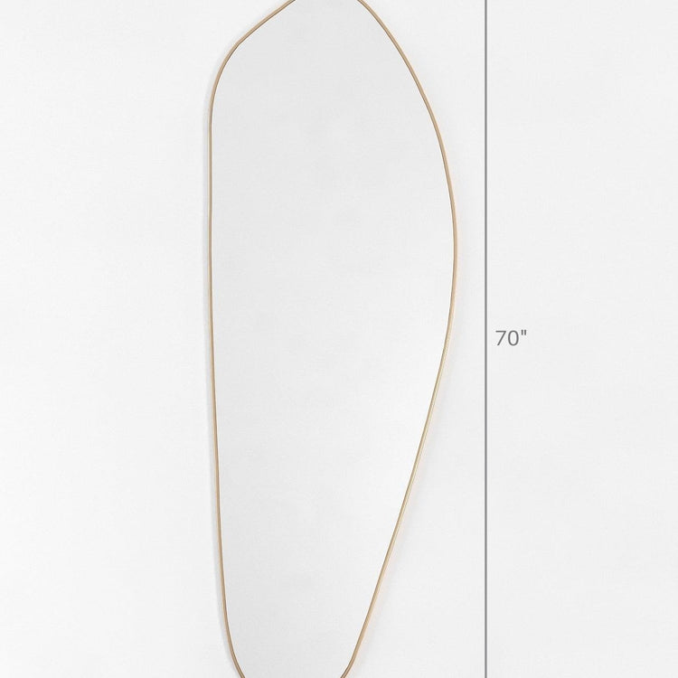 Size diagram of an asymmetrical brass-framed full length mirror showing dimensions: 70 inches tall, 24.4 inches wide at the top, and 10 inches wide at the bottom.