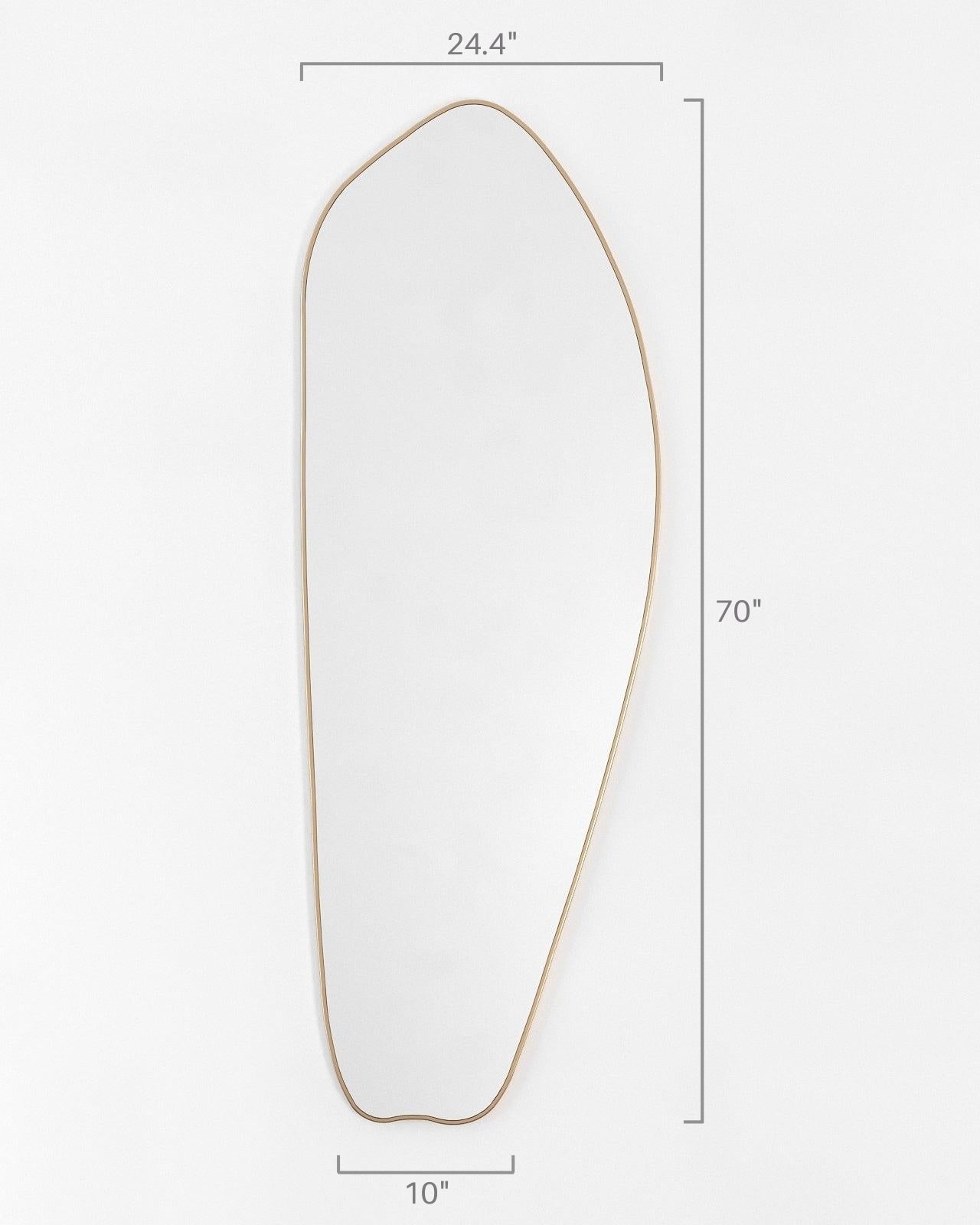 Size diagram of an asymmetrical brass-framed full length mirror showing dimensions: 70 inches tall, 24.4 inches wide at the top, and 10 inches wide at the bottom.