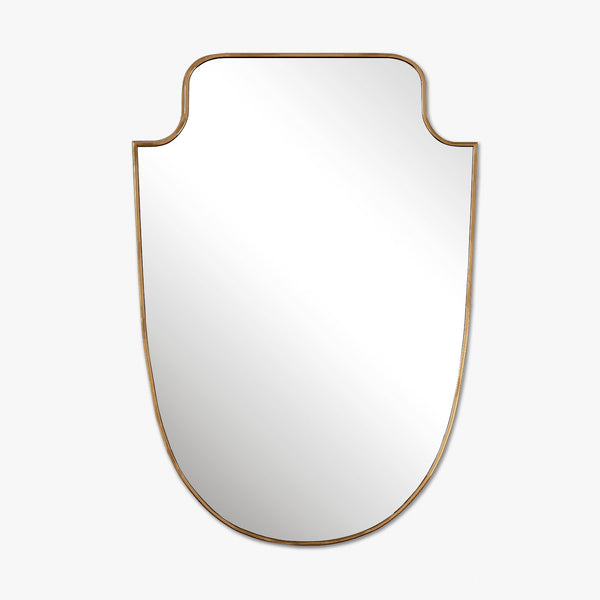 Shield-shaped wall mirror with a gold frame, shown in a vertical orientation.