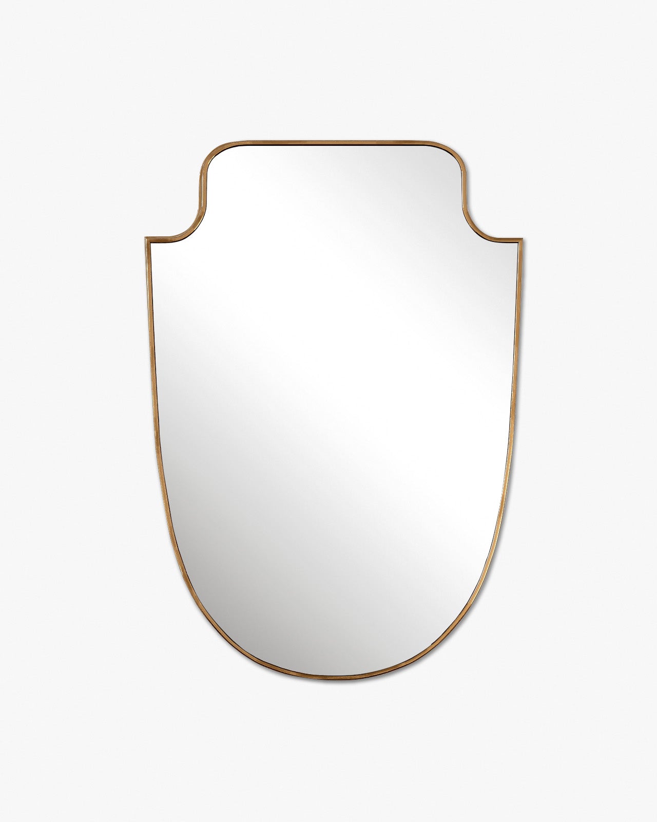 Shield-shaped wall mirror with a gold frame, shown in a vertical orientation.