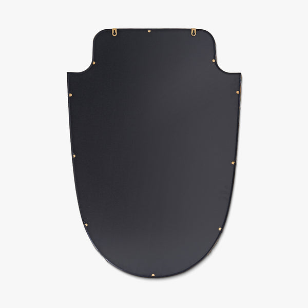Back view of a shield-shaped wall mirror showing mounting hardware for vertical installation.