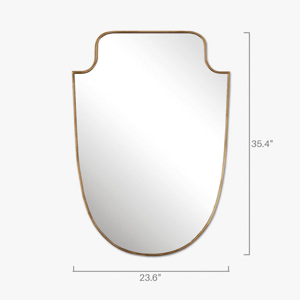 Shield-shaped wall mirror with a gold frame, measuring 23.6 inches wide by 35.4 inches high, shown in a vertical orientation.