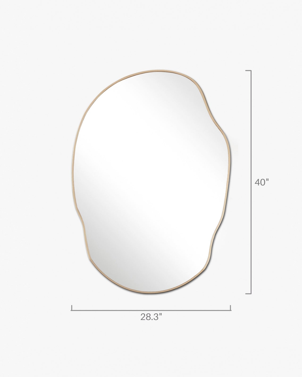 Irregular-shaped wall mirror with a slim metal frame, measuring 40 inches in height and 28.3 inches in width.
