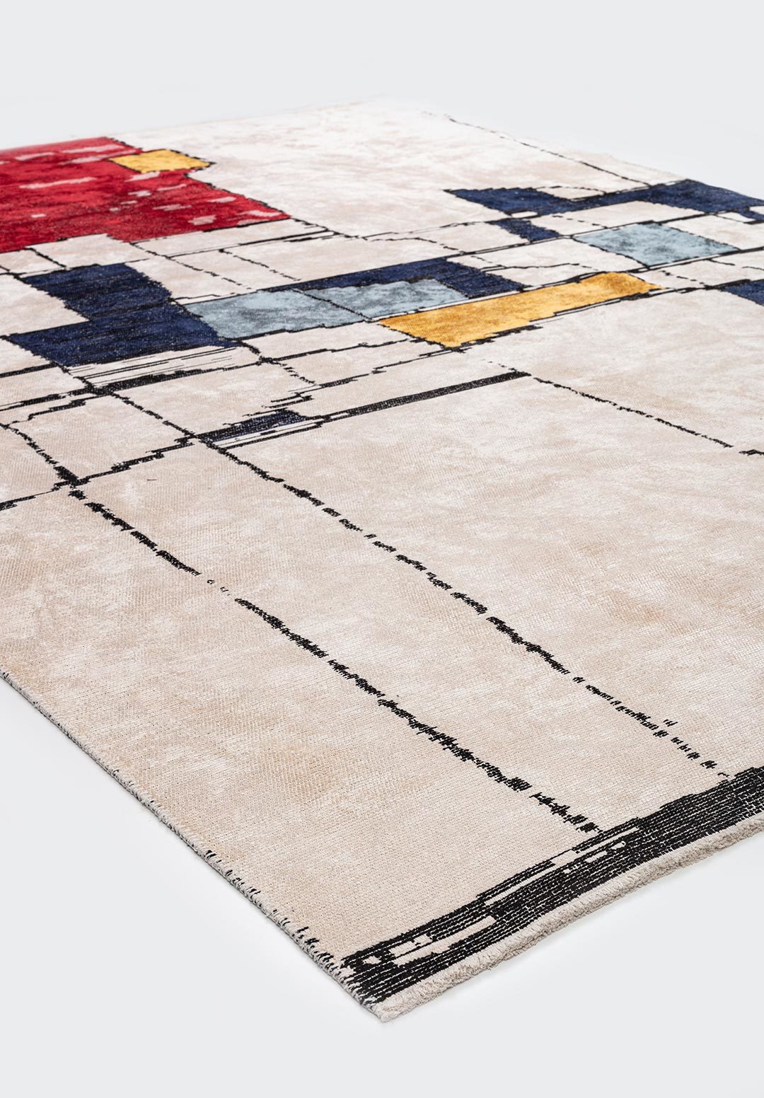 Abstract flat-woven rug with geometric lines and multicolor blocks.